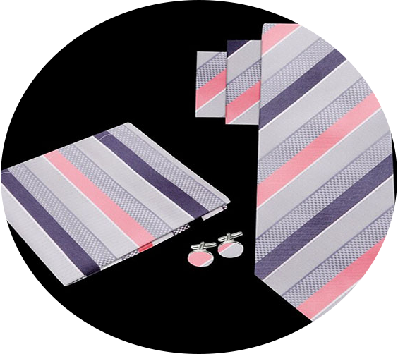 Gray and Salmon Stripe 100% Silk Necktie Set with Cuff Links and Pocket Accent