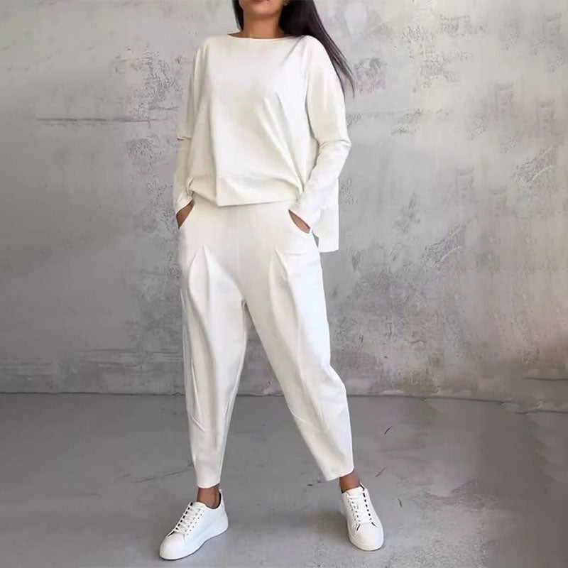 Round-Neck Long-Sleeved Top & Pants 2-Piece Set