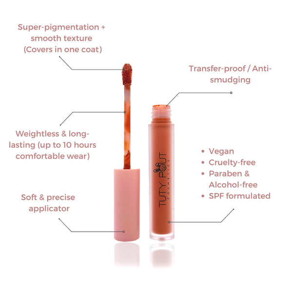 Dusty Rose | Tuty Pout Cosmetics Vegan & Cruelty- free Long-lasting-Soft Matte Liquid Lipstick (formulation benefits)