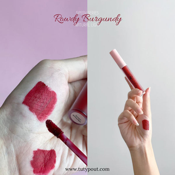 Rowdy Burgundy -TUTY POUT Cosmetics Vegan & Cruelty-free Long-lasting Soft Matte Liquid Lipstick (palm swatch)