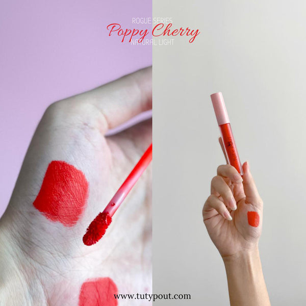Poppy Cherry -TUTY POUT Cosmetics Vegan & Cruelty-free Long-lasting Soft Matte Liquid Lipstick (palm swatch)