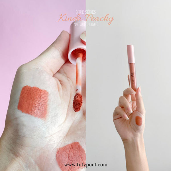 Kinda Peachy -TUTY POUT Cosmetics Vegan & Cruelty-free Long-lasting Soft Matte Liquid Lipstick (palm swatch)
