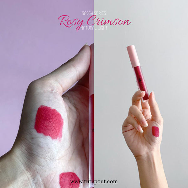 Rosy Crimson -TUTY POUT Cosmetics Vegan & Cruelty-free Long-lasting Soft Matte Liquid Lipstick (palm swatch)