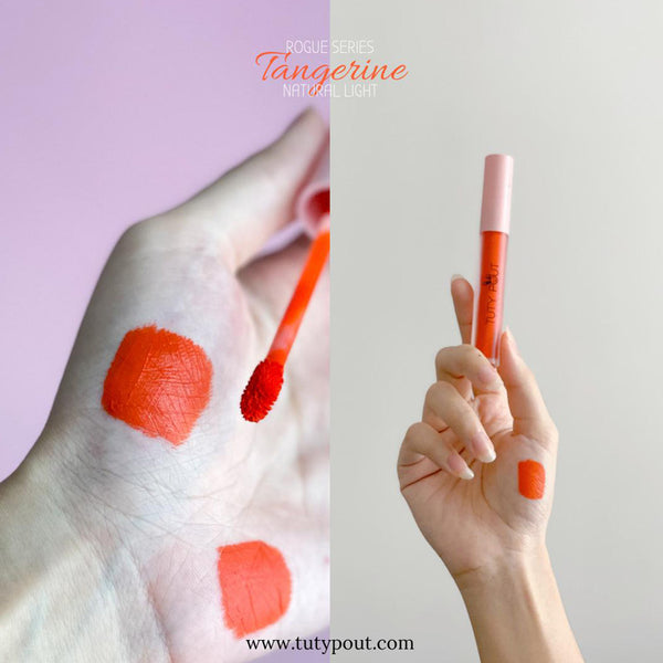 Tangerine -TUTY POUT Cosmetics Vegan & Cruelty-free Long-lasting Soft Matte Liquid Lipstick (palm swatch)