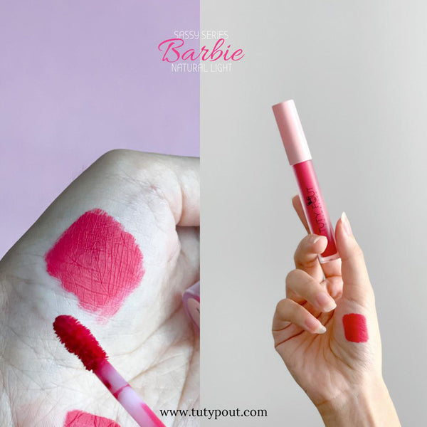 Barbie -TUTY POUT Cosmetics Vegan & Cruelty-free Long-lasting Soft Matte Liquid Lipstick (palm swatch)