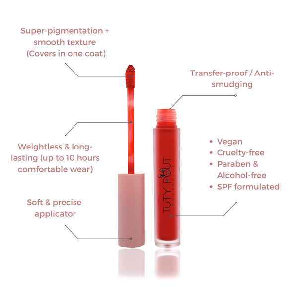 Poppy Cherry | Tuty Pout Cosmetics Vegan & Cruelty- free Long-lasting-Soft Matte Liquid Lipstick (formulation benefits)
