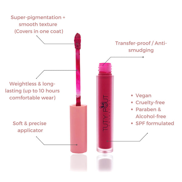Rosy Crimson | Tuty Pout Cosmetics Vegan & Cruelty- free Long-lasting-Soft Matte Liquid Lipstick (formulation benefits)