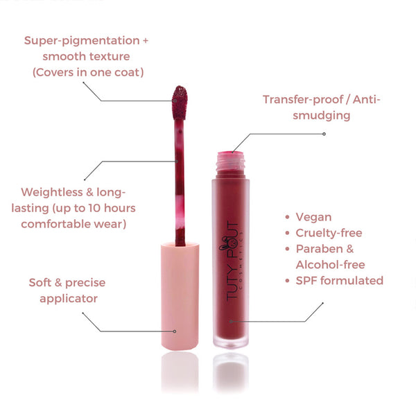 Rowdy Burgundy | Tuty Pout Cosmetics Vegan & Cruelty- free Long-lasting-Soft Matte Liquid Lipstick (formulation benefits)