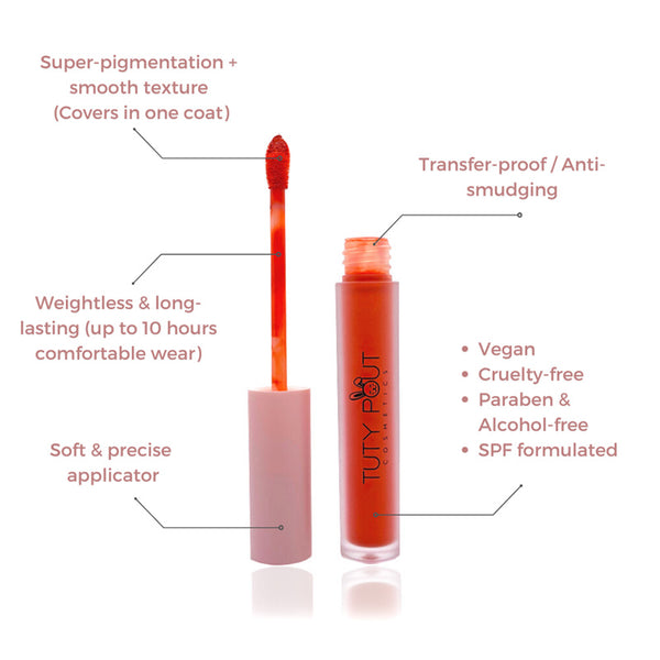 Tangerine | Tuty Pout Cosmetics Vegan & Cruelty- free Long-lasting-Soft Matte Liquid Lipstick (formulation benefits)