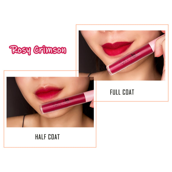 Lip swatch -TUTY POUT Cosmetics Vegan & Cruelty-free Long-lasting Soft Matte Liquid Lipstick - Rosy Crimson