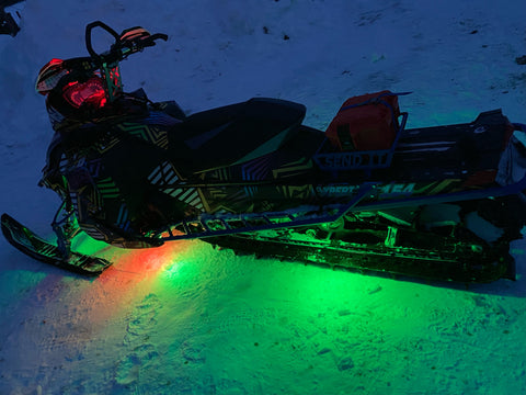 Green and Red LED Underglow installation on 2011 Skidoo Summit X