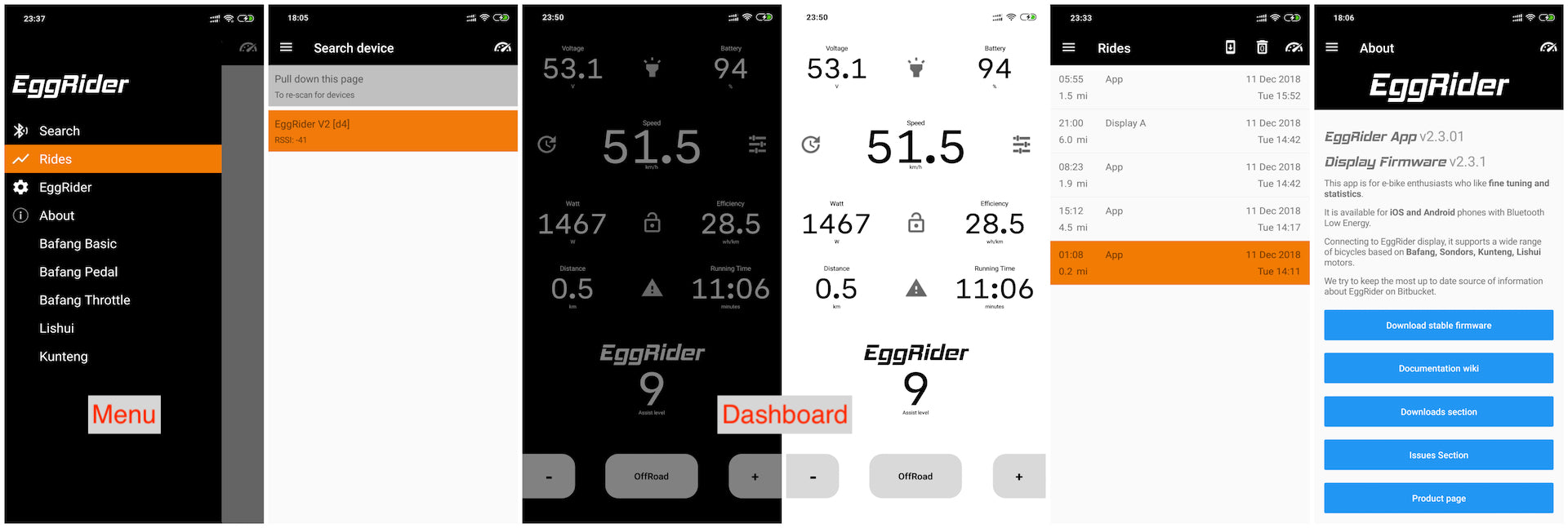EggRider main pages screenshots