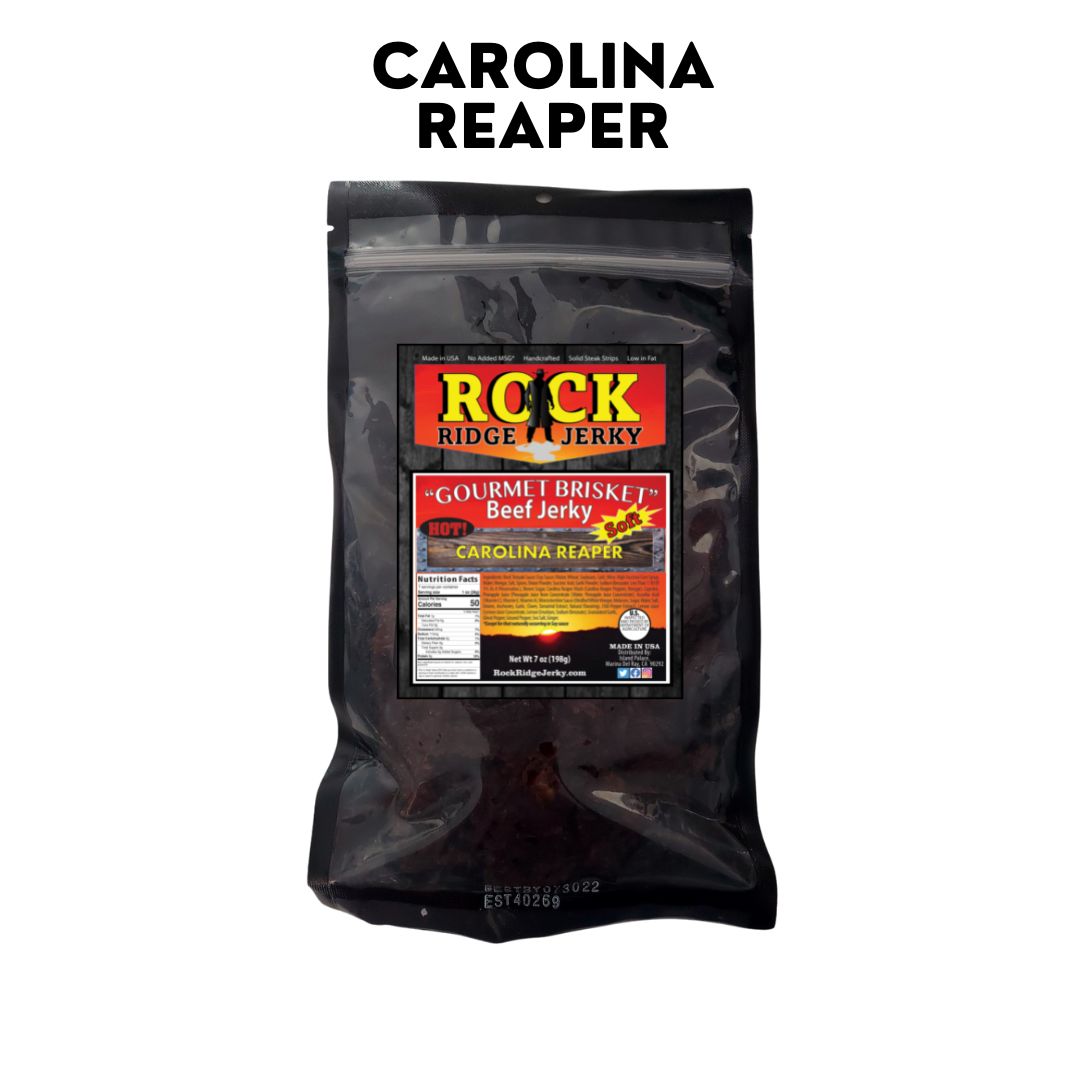 Carolina Reaper Brisket beef jerky from Rock Ridge Jerky