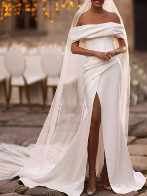 Sequin slit speaker/fishtail off shoulder wedding dress - LD Dress