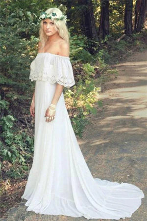 A Line Off the Shoulder Bohemian Lace Chiffon Ivory Summer Beach Wedding Dresses - LD Dress