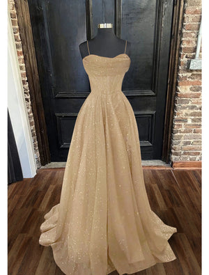 A-Line Prom Dresses Corsets Dress Wedding Party Sweep / Brush Train Sleeveless Spaghetti Strap Tulle with Glitter Pleats - LD Dress