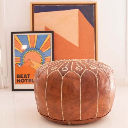 Handmade Embroidered Moroccan Leather Pouf