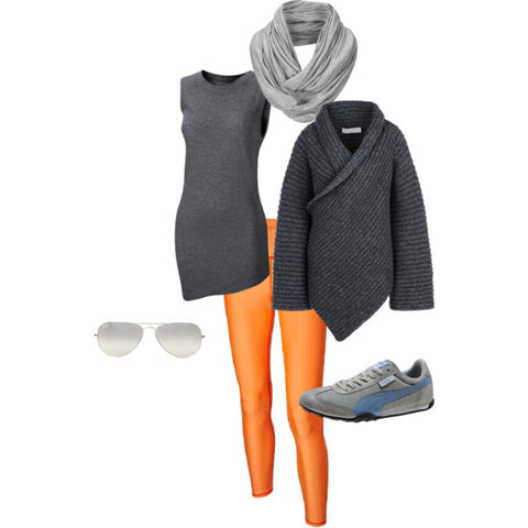 tangerine legging, grey muscle t shirt, stella mccartney wrap sweater, vintage puma sneaker, rayban glasses