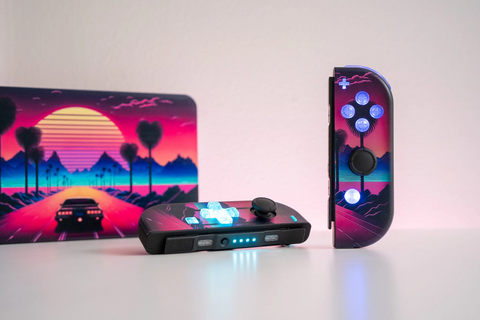 Synthwave retro gaming Joy-Cons with LED backlit buttons.