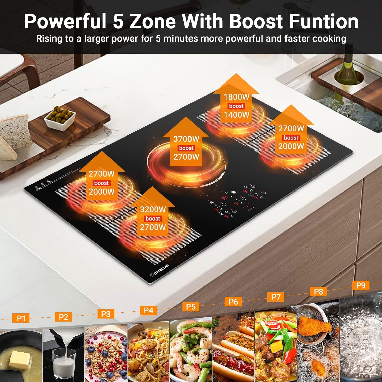 Double Induction Cooktop AMZCHEF Induction Stove Top 2 Burners for RV,  Built-in Electric Cooktops With 9 Power Levels, Sensor Touch, 99-min Timer