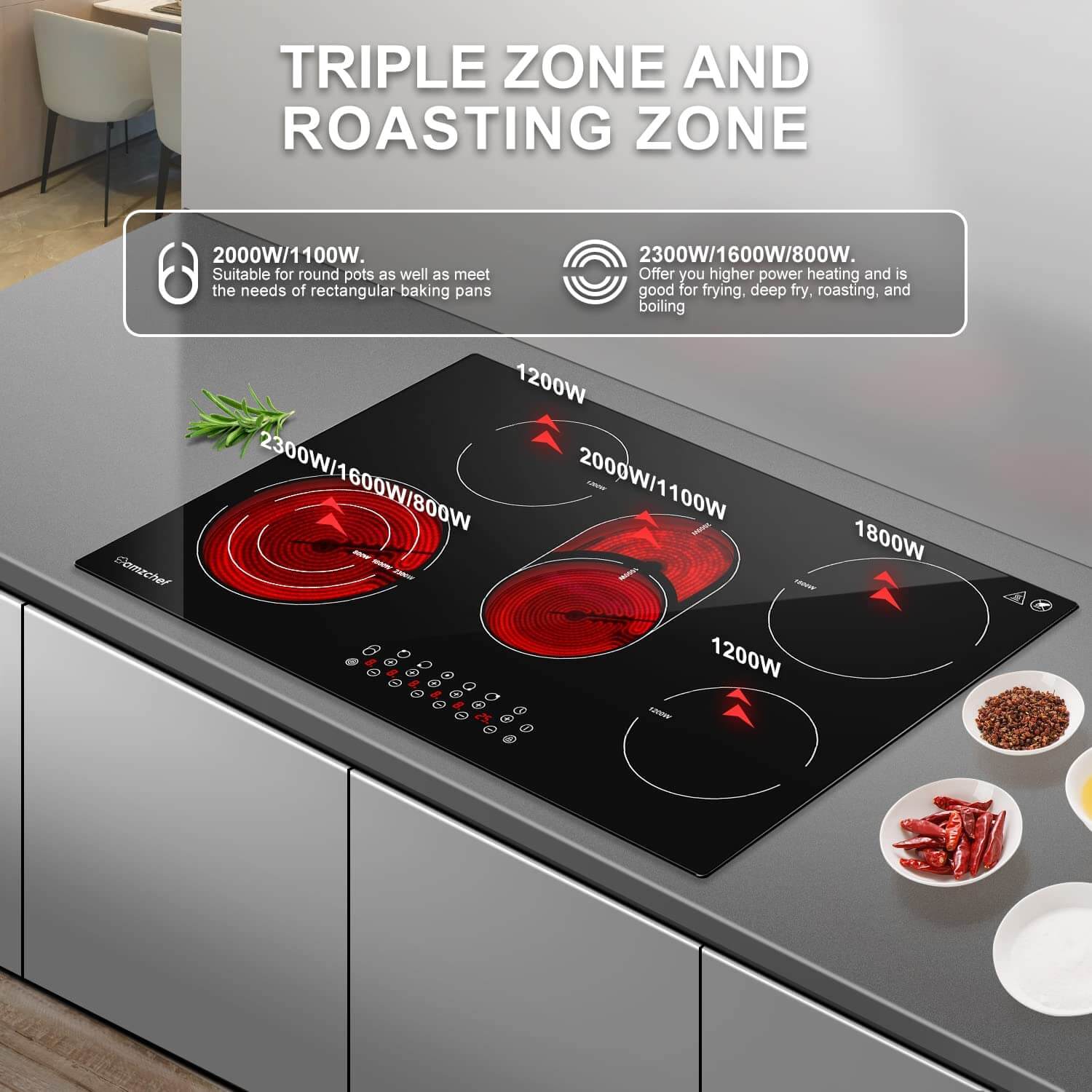 AMZCHEF Built-in Induction Stove With 5 Burners Triple and Toasting Zone