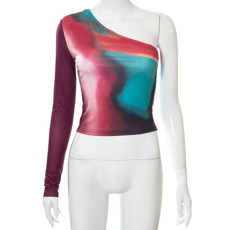 Multi Color Printed Pullover Shoulder Sleeve Diagonal Collar Navel Exposed Casual Women Top-JJJX-