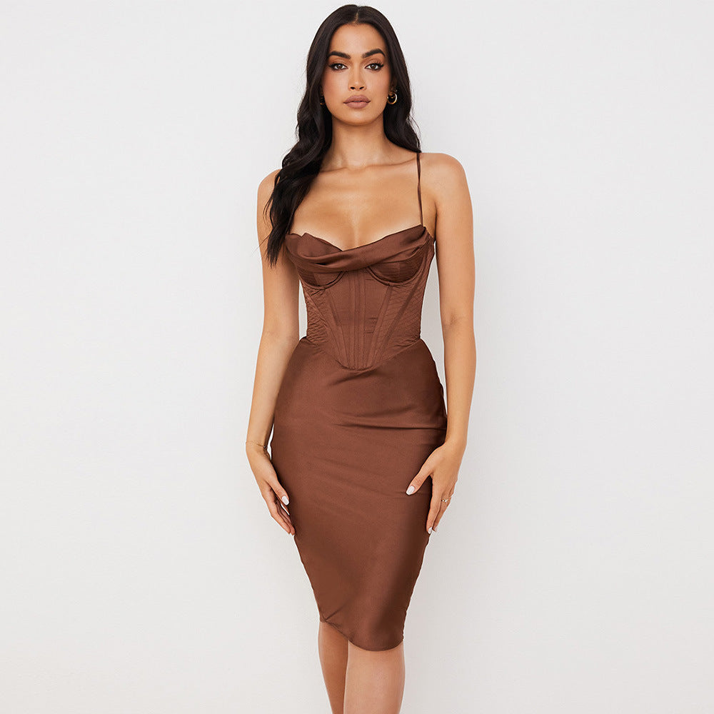 Sexy Bodycon Party Corset Solid Color Sexy Elegant Partydress Double Layer Midi Dress