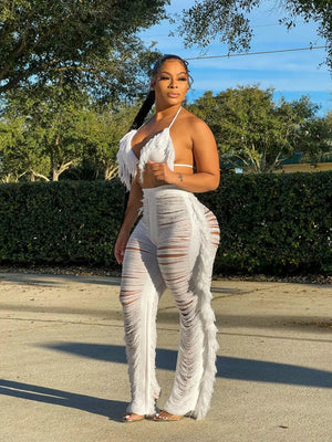 Women Crochet Set | cover up| swim Two Pieces Set Halter | Backless Top Pants Tassels Knitted | 2 Pieces  Beach Set - Plush Intimates Boutique