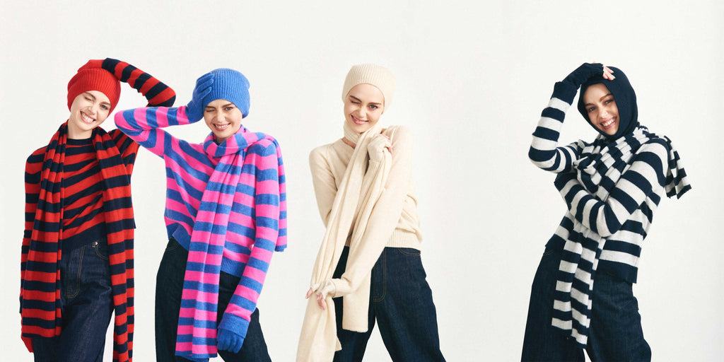 cashmere accessories, three model images wearing cashmere jumper, hat, scarf and gloves