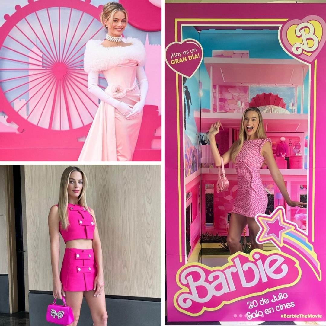 Barbie movie Margot Robbie outfits, pink Barbie in a gown, pink crop top and mini skirt and Barbie in a box