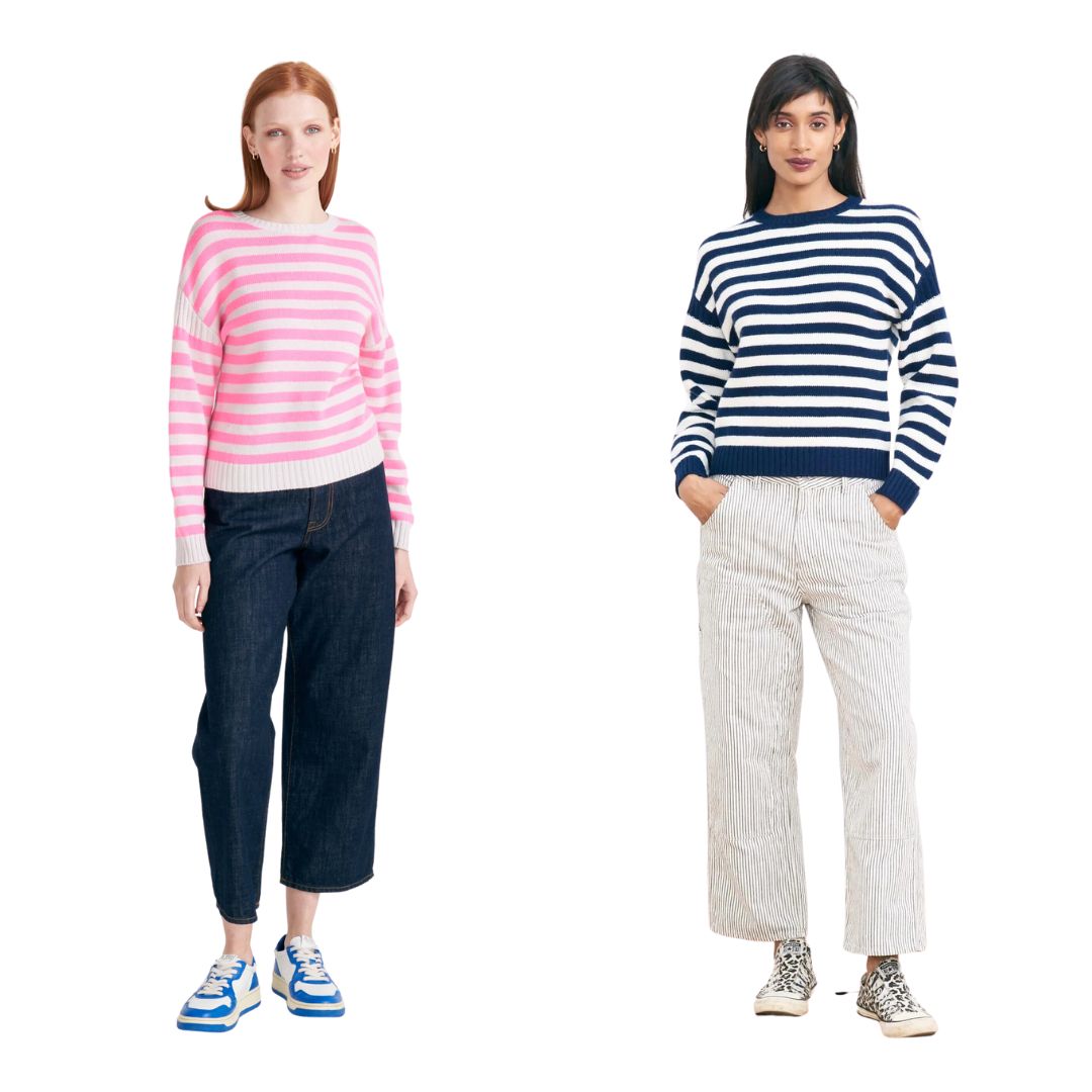 two colourways of Striped cashmere and Guernsey wool blend jumpers 