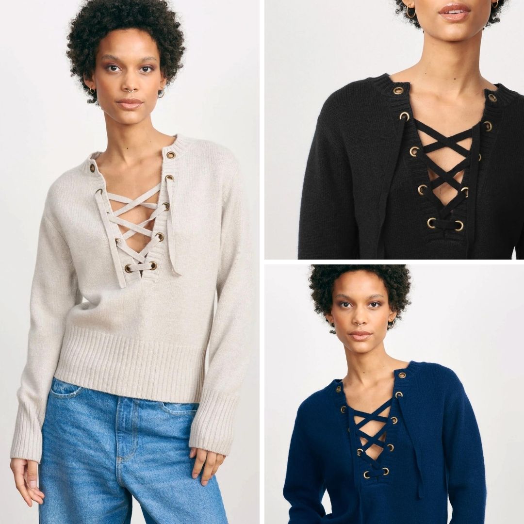 Lace up vee neck jumper in oatmeal, navy and black