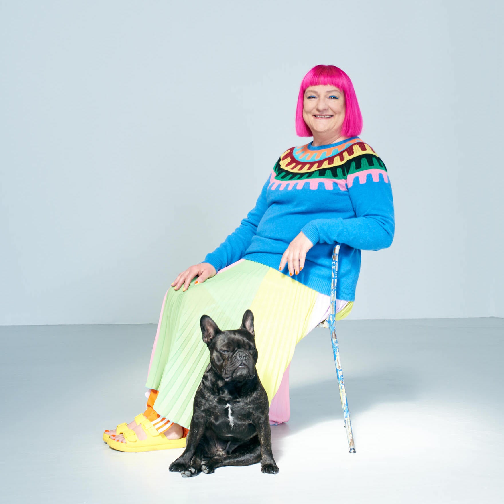 Bernie Yates and her frenchie wearing Rick Rack Yoke cashmere jumper by Jumper 1234