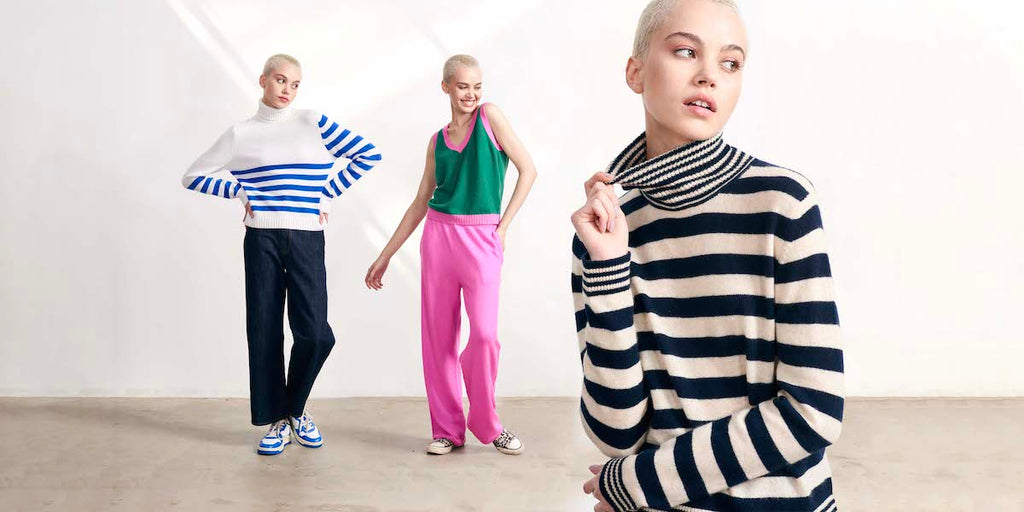 Model in three different Jumper 1234 outfits, striped roll neck, contrast tank and invert srtipe jumper