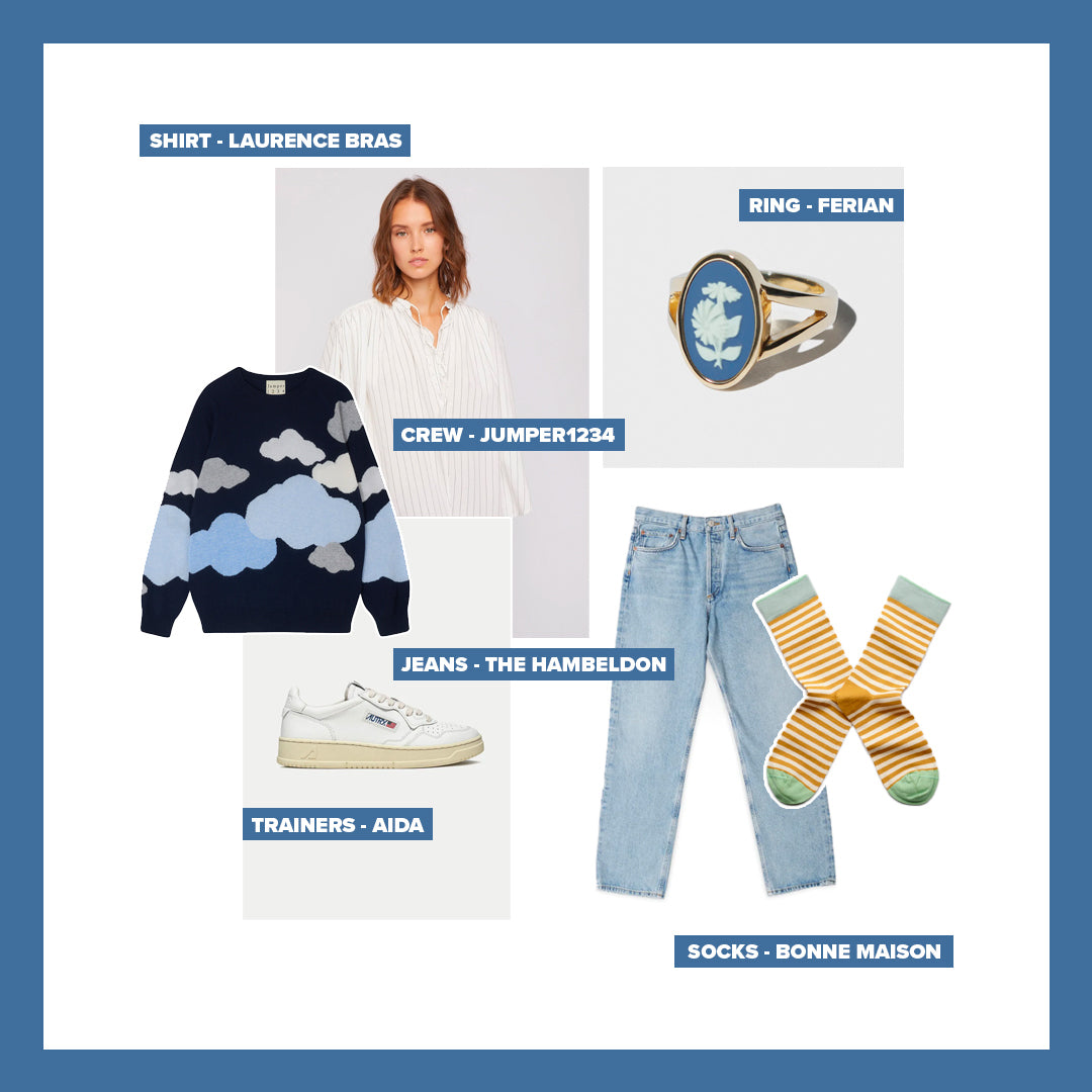 Jane ss23 style inspo. Clouds jumper from Jmper 1234 plus other items from brands that compliment
