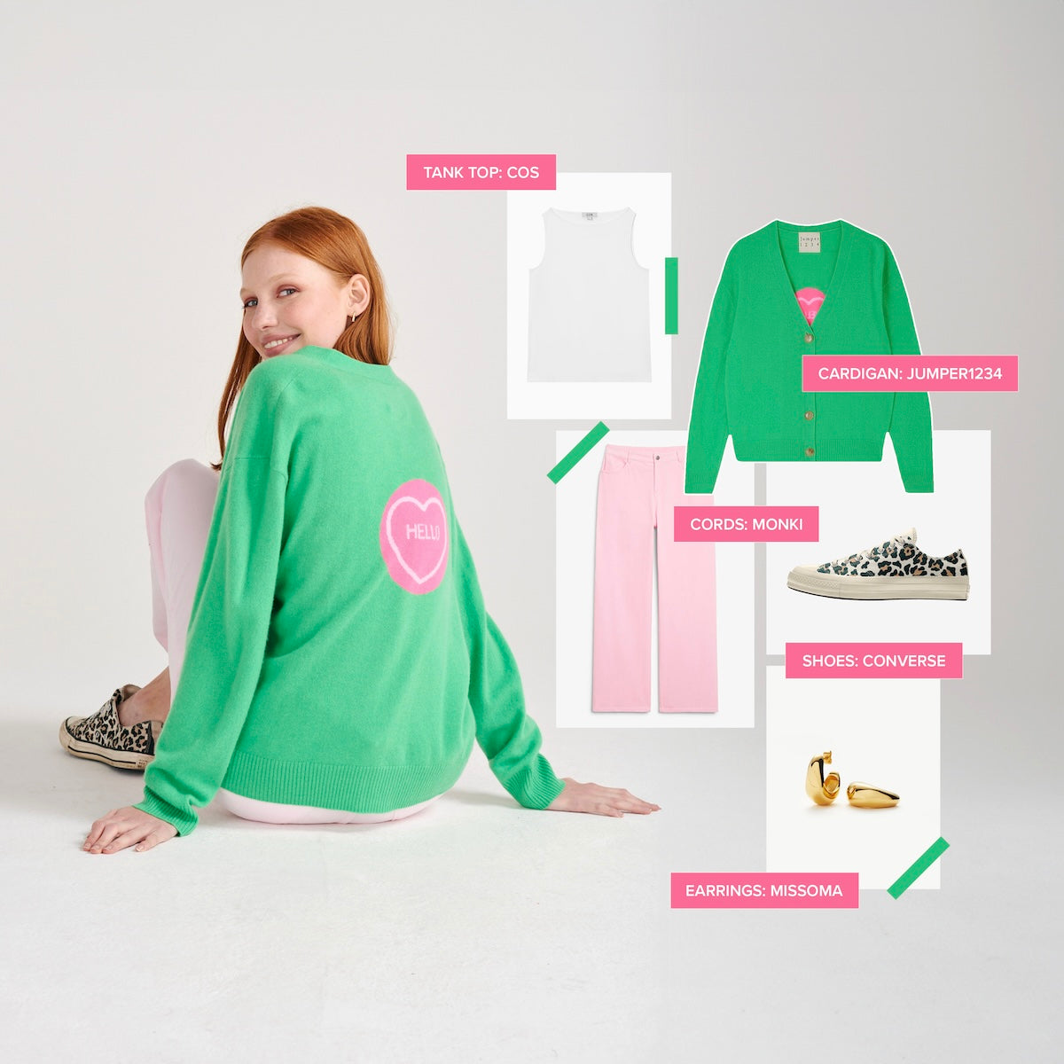 Model weaing Jumoer 1234 x Love Hearts cardigan in green, shown with items to style the jumper with.