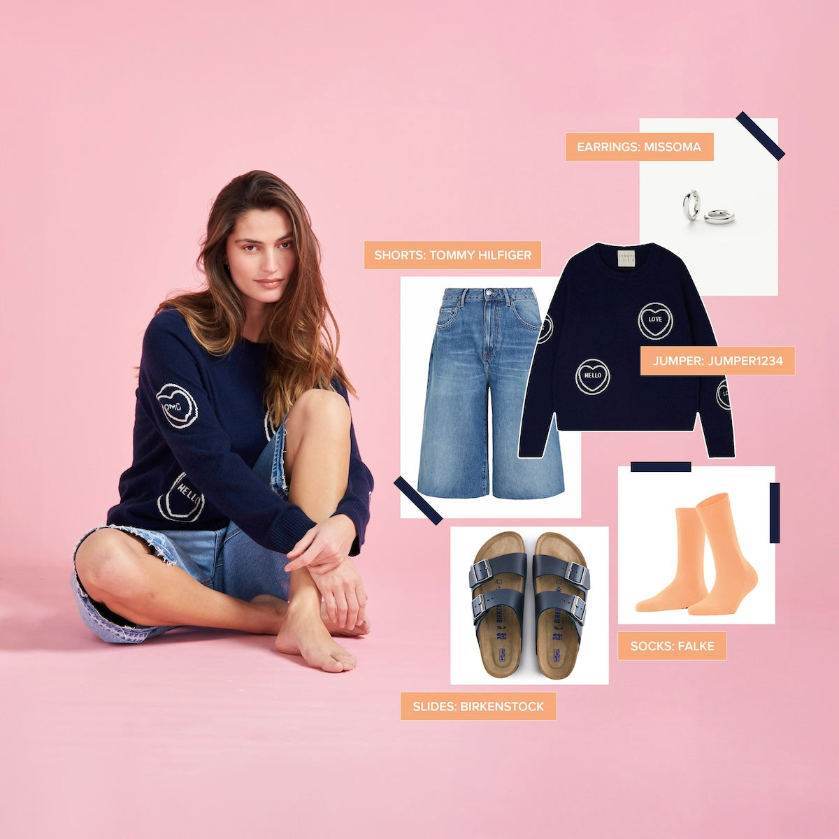 All over Love Hearts Navy Cashmere jumper, with items you can style it with.