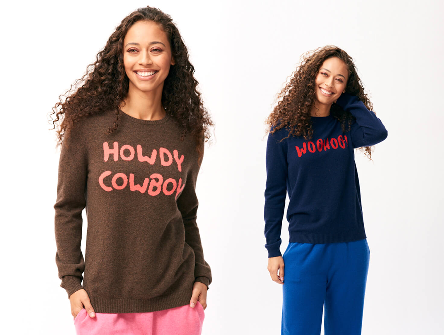 Two models wearing Jumper 1234 x The Jacksons cashmere collaboration jumpers "Howdy Cowboy" and "Woohoo"