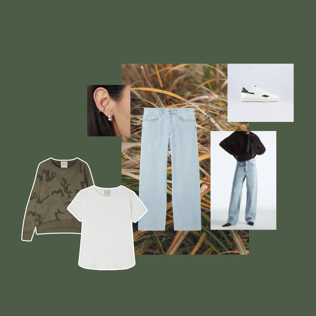 Camo outfit spring style inspiration featuring jumper 1234 jersey camo jumper and plain white tee