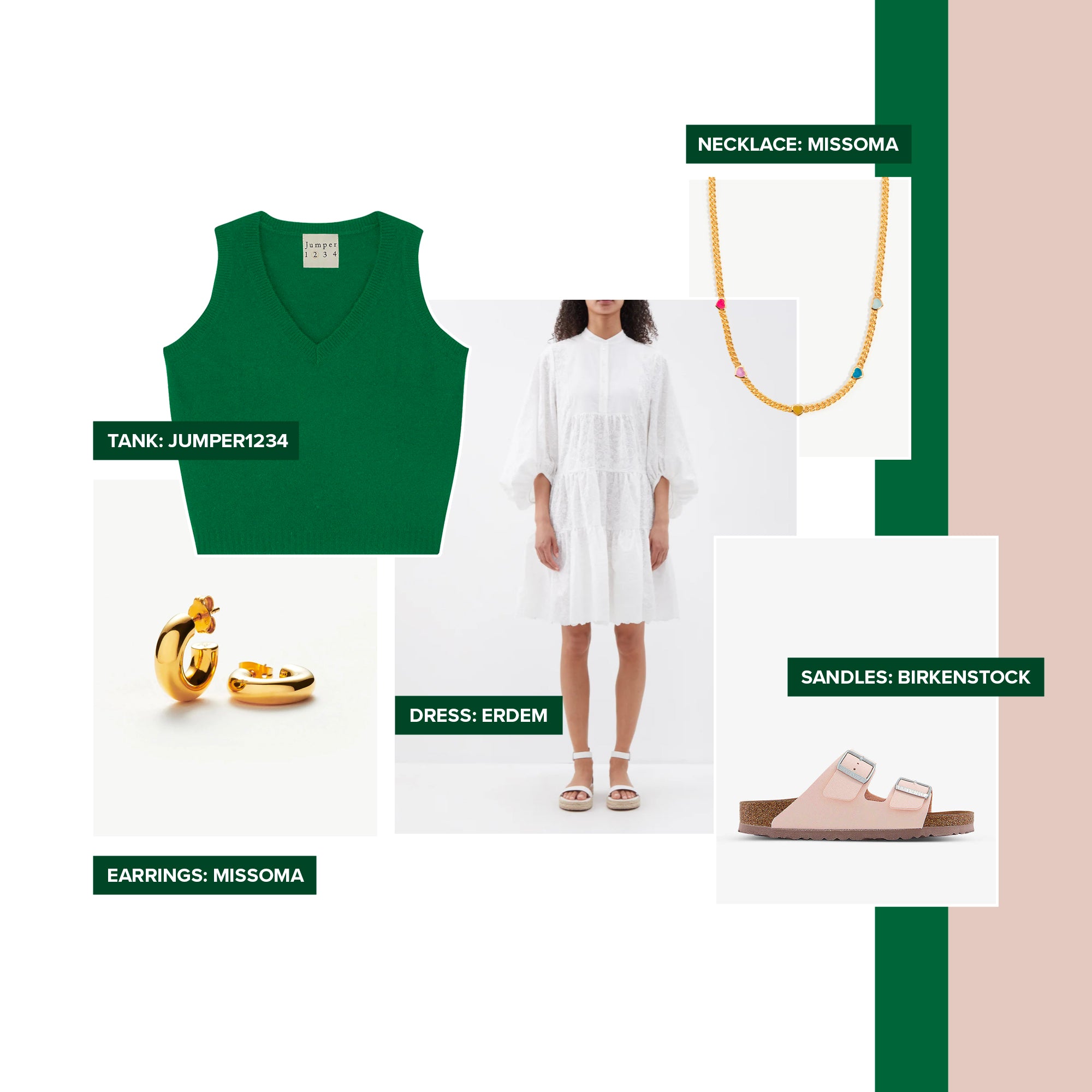 image of outfit with grass green jumper 1234 tank top styled with dress, jewellery and shoes