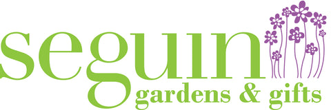 image of Seguin Gardens & Gifts Logo with name in green and drawing of a group of flowers in a dark pink