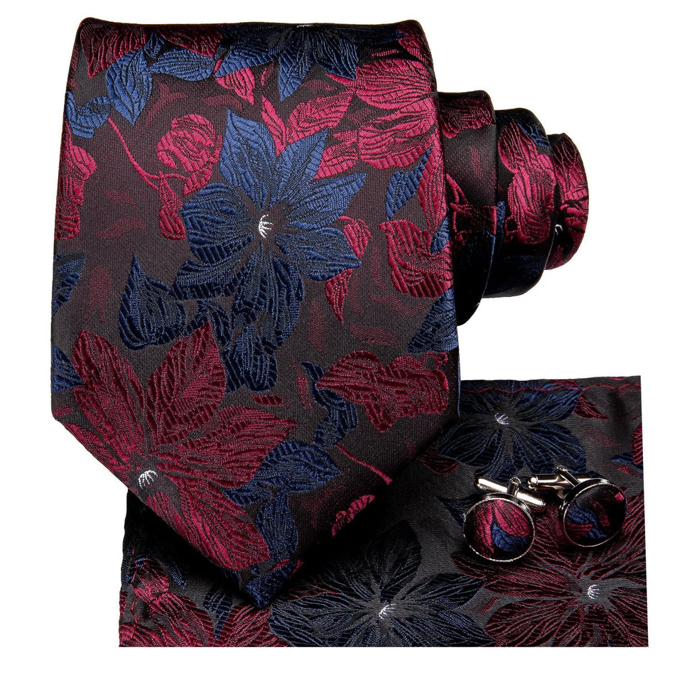 Red Blue Floral Paisley Silk Necktie Pocket Square Cufflinks Set