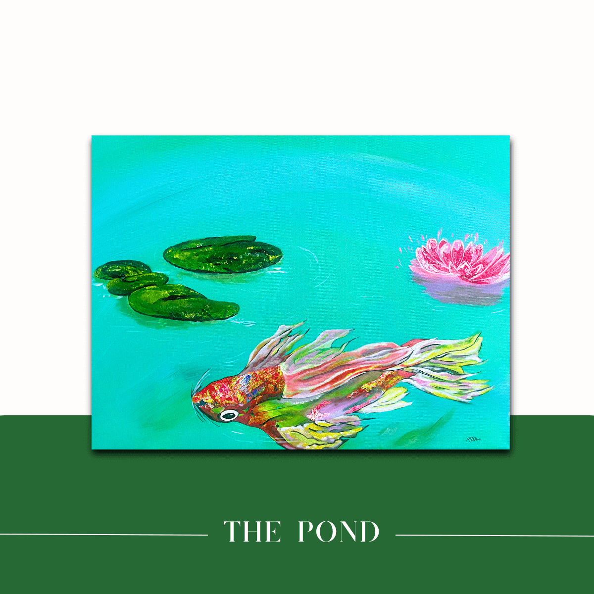 Mireille fine Art, original acrylic on canvas abstract fine art painting of catfish in koi pond with lotus flower, lily pads, modern artwork