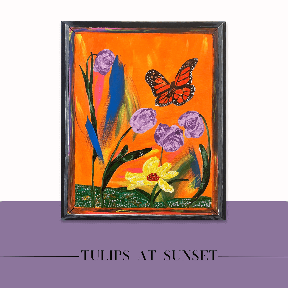 Mireille Fine Art, abstract motion artwork, scenic tulip flower, butterfly fine art painting