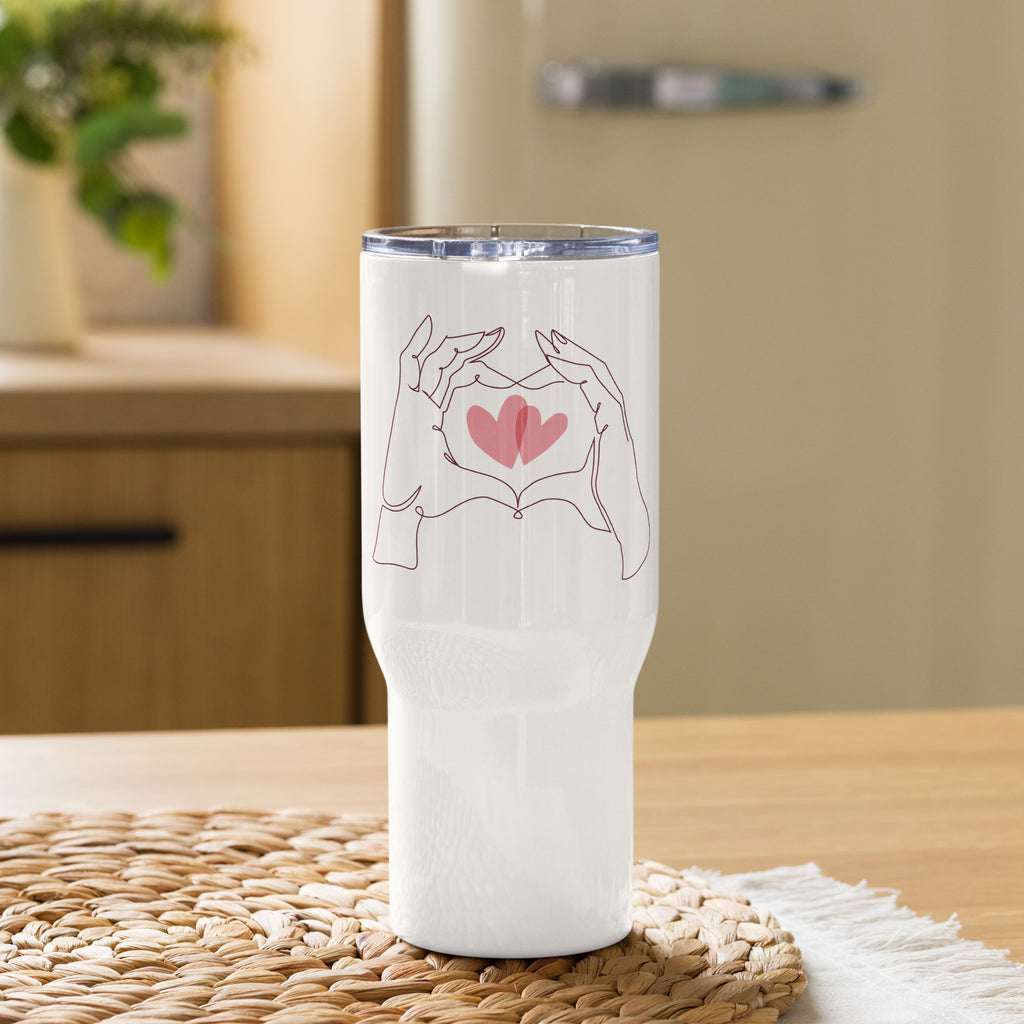 Product image, hearts travel mug, stainless steel travel mug with handle