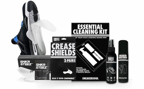 SneakerSoul cleaning kit products displayed with a sneaker and various cleaning accessories.