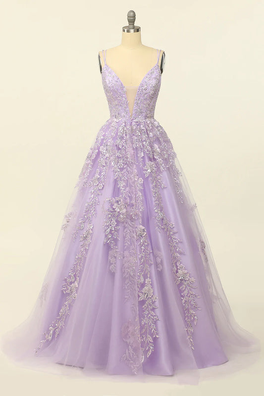 Zapakasa Women Lilac Long Prom Dress Glitter A-Line Spaghetti Straps Formal  Dress with Flowers