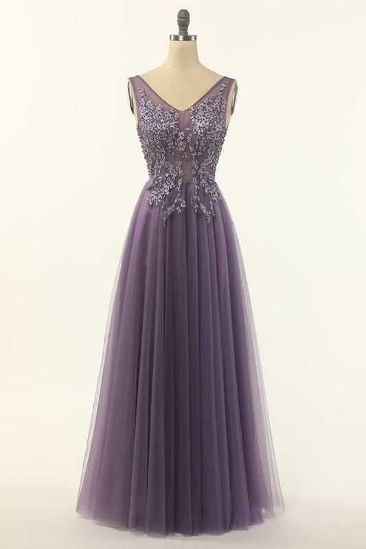 SQOSA A-Line Purple Tulle Beaded Long Prom Dress Formal Evening Gowns QP2272 US6 / As Picture