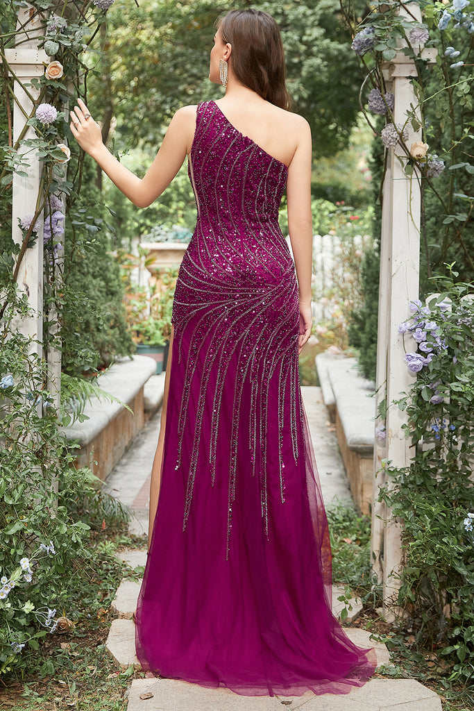 Zapakasa Women Dark Purple Sequins One Shoulder Prom Dress with Split