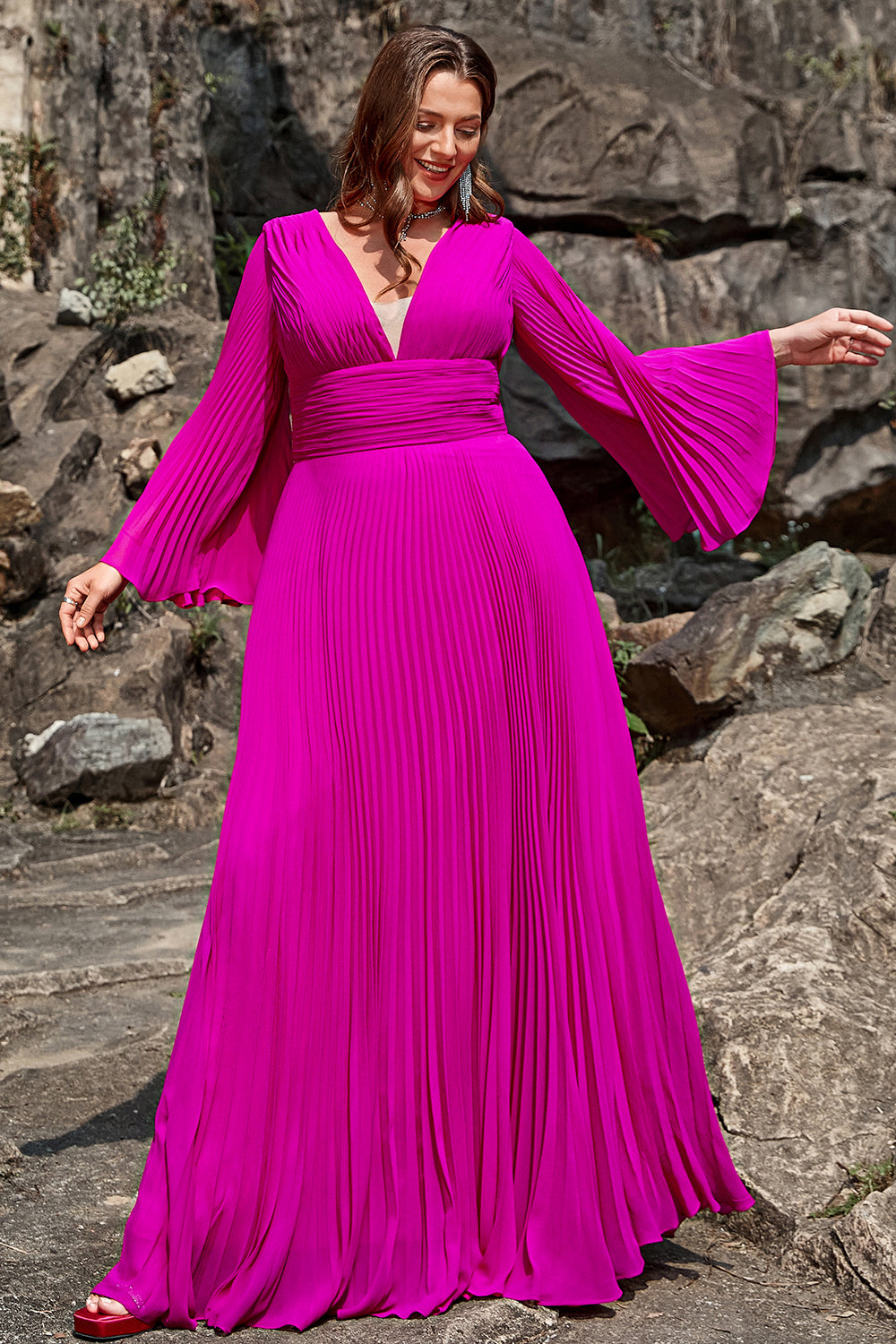 Zapakasa Women Dark Fuchsia Plus Size Prom Dress A Line Deep V Neck Formal Dress With Long Sleeves 0435